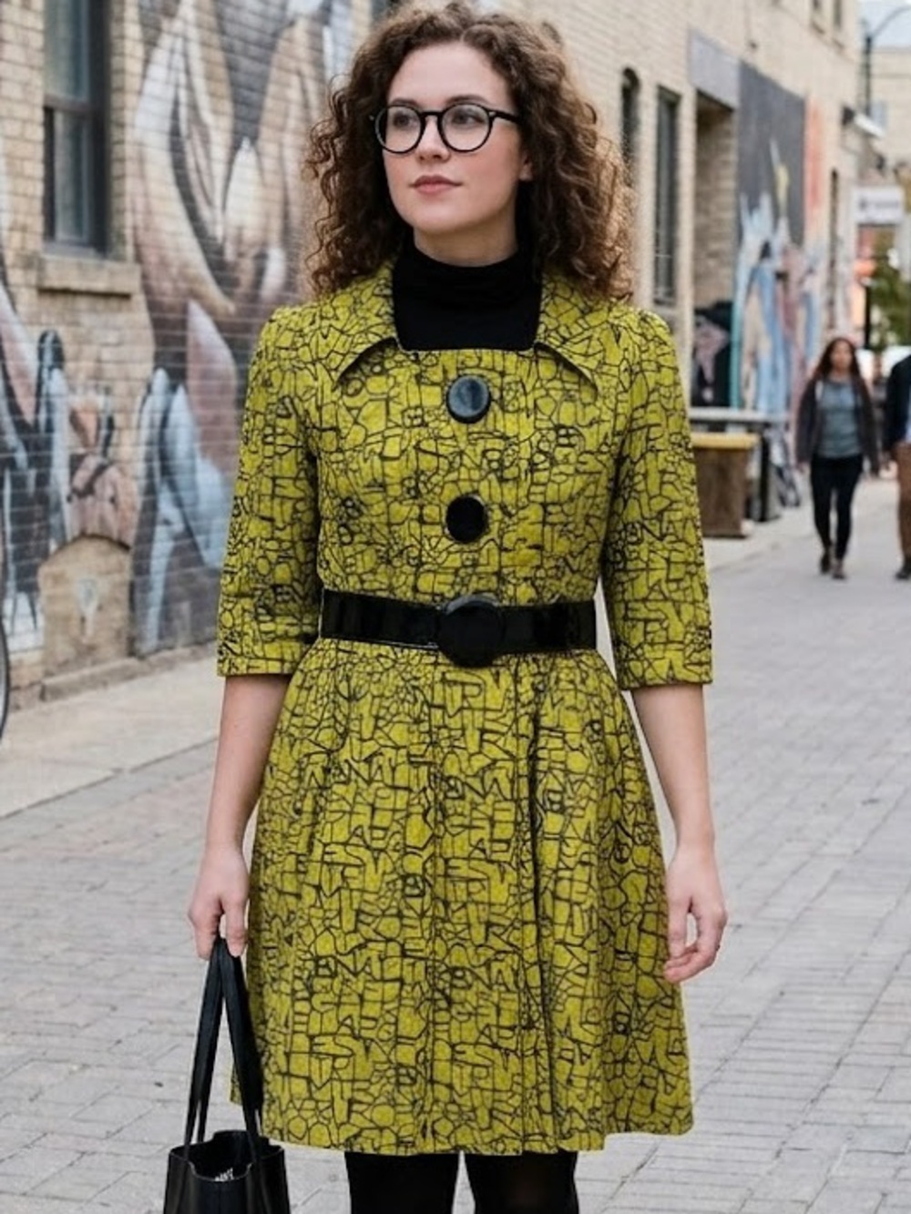 An Ren NY Abstract Alphabet Typography Swing Coat Dress Chartreuse Yellow Size 6